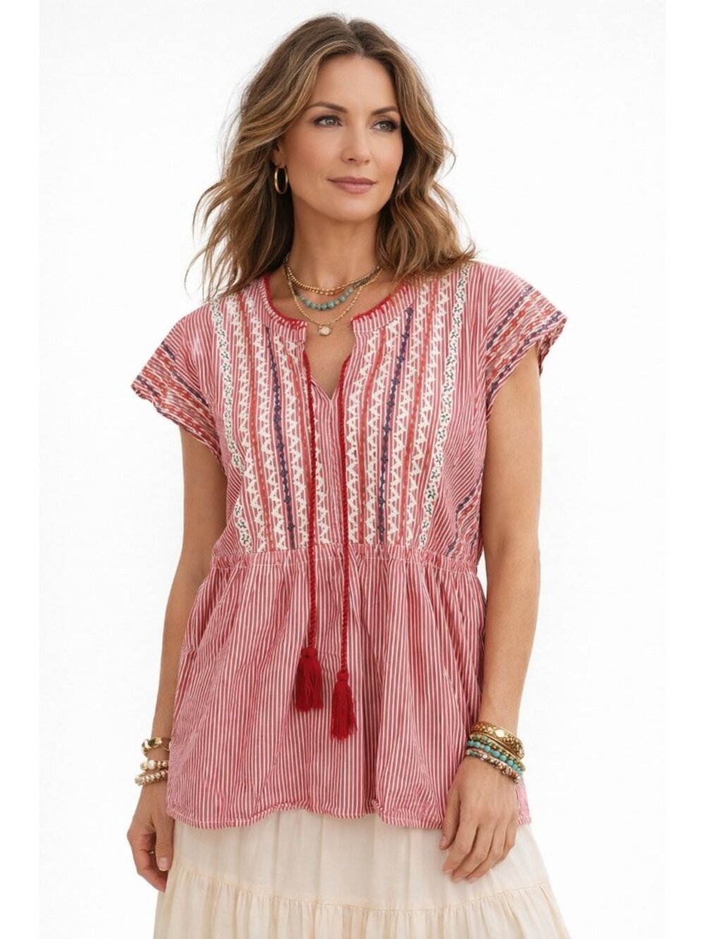 Patriotic Red White Striped Boho Cotton Embroidered Peplum Top Tassels Womens M